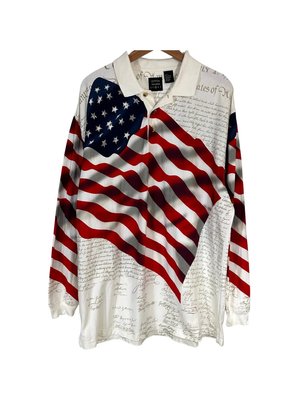 Vintage Cotton Traders Sport American Flag Long Sleeve Polo Shirt Size Large